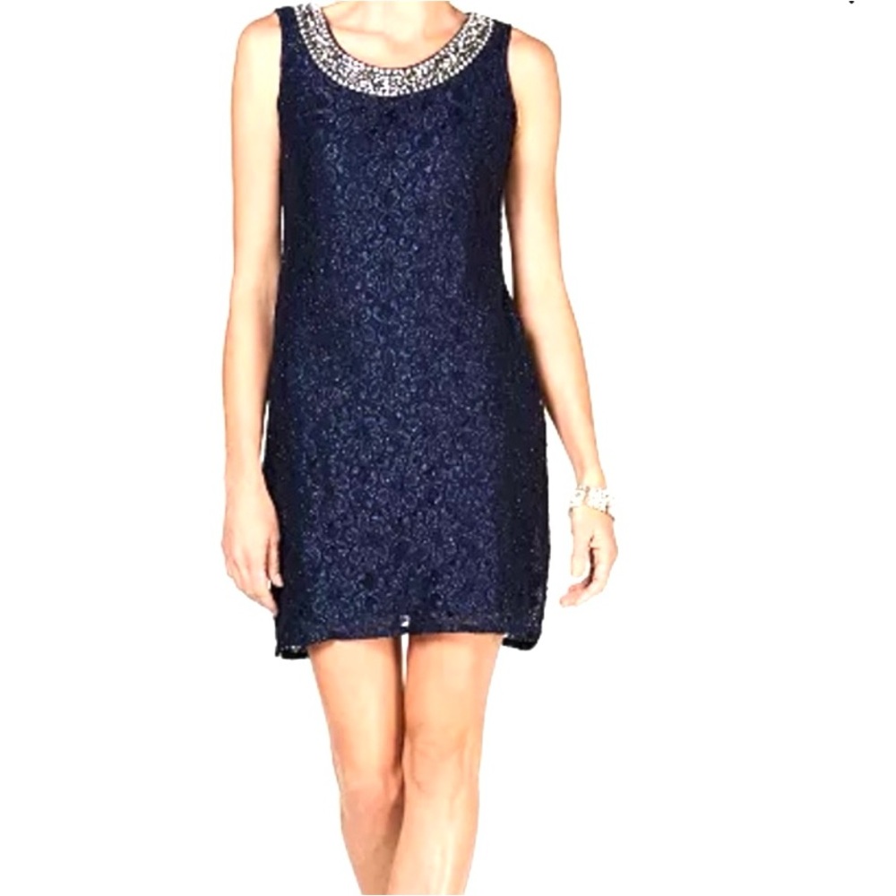 R&M Richards‎ Embellished Lace Sheath Dress Sz 8 Sparkly Dark Navy Blue New